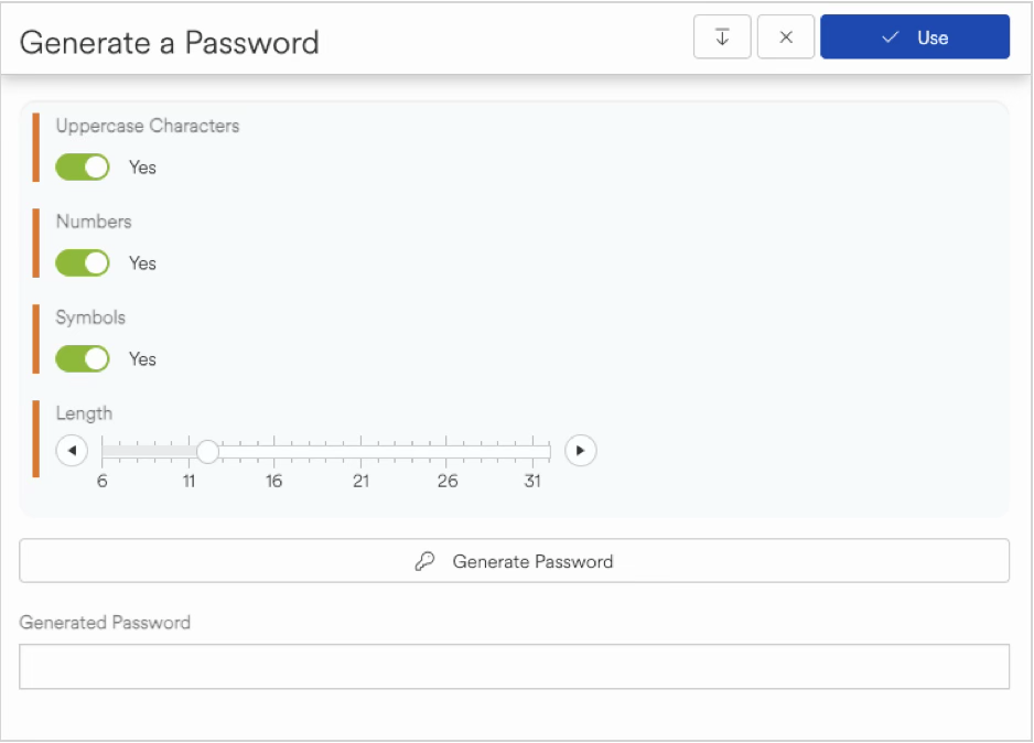 Password generation options including length, uppercase, numbers, and symbols settings.